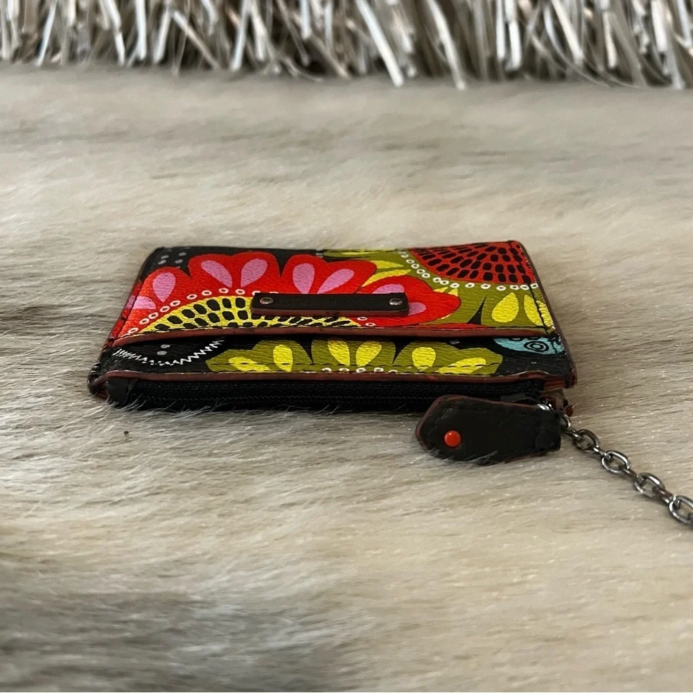 VERA BRADLEY Flower Shower 2014 Key Chain Card Holder Orange Brown Vegan Leather